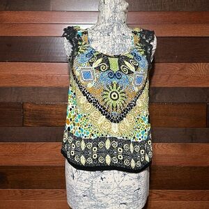 No Brand Tag Scoop Neck Cap Lacey Sleeve Multi Colored Boho Blouse